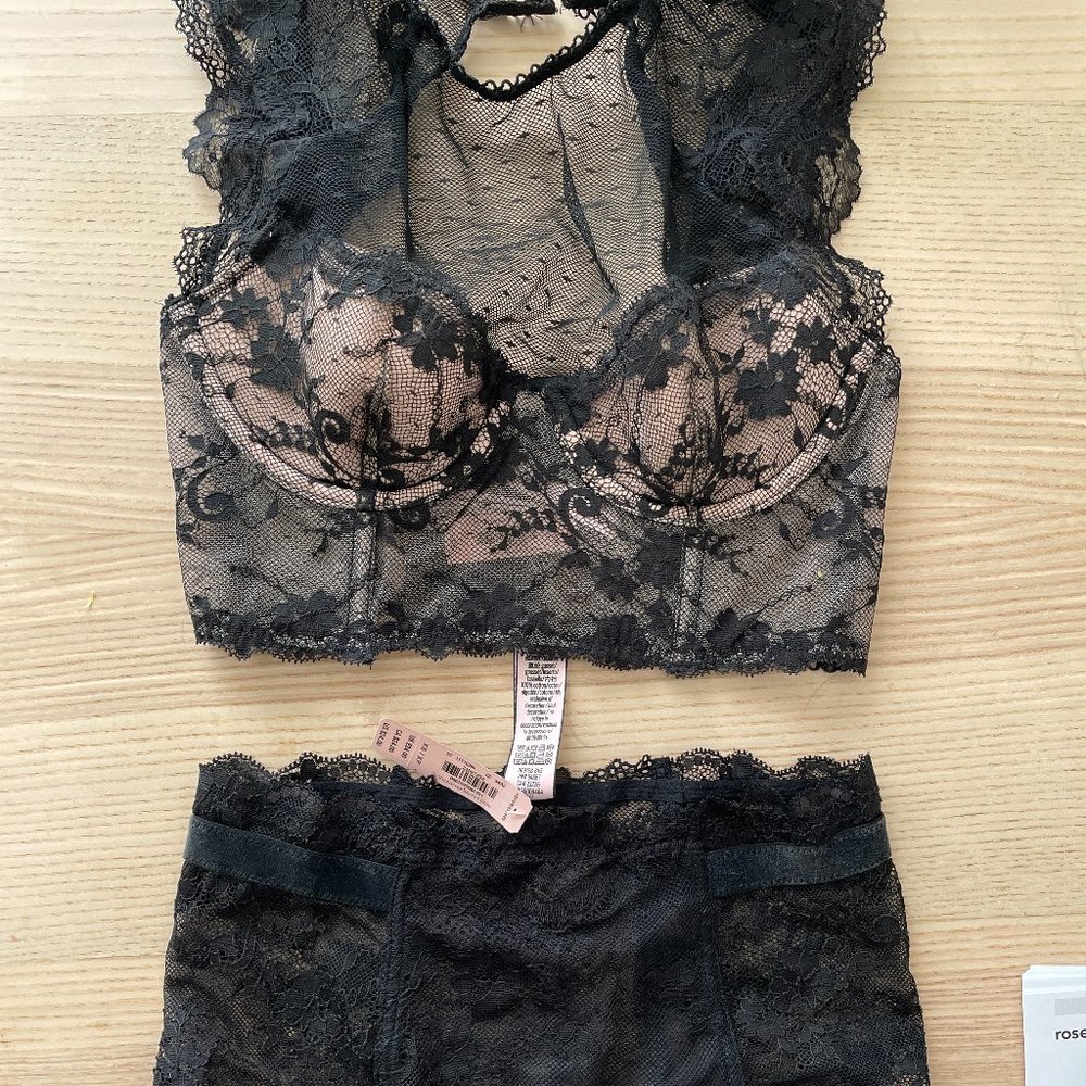 Victoria Secret Black Lace Lingerie Set High Neck Bralette - High Waisted Thong